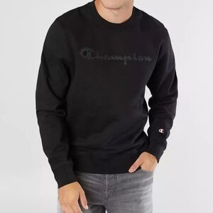 Champion Men's Black On Black Reverse Weave Logo Crew Neck Sweater Medium